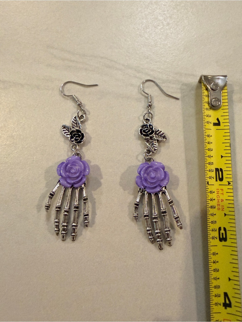 Gothic Skull Hand Earrings Purple Rose Flower - Unique - NEW - Picture 4 of 5